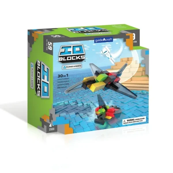 Farbenfrohes Baukasten-Set mit Flugzeugen und Wasser, geeignet für Kinder ab 4 Jahren, inklusive Bauanleitung, fördert kreatives Spielen und technische Fähigkeiten.