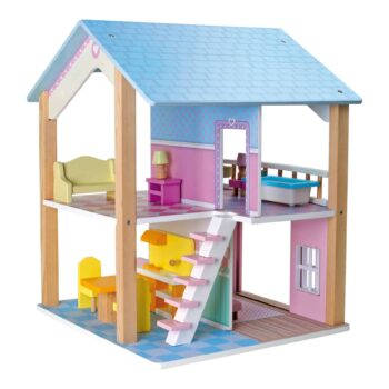 Das Small Foot Puppenhaus mit 2 Etagen und blauem Dach ist kein gewöhnliches Puppenhaus. Es verfügt über einen Sockel, sodass es sich drehen lässt. So hast du bequem Zugriff auf alle Räume und kannst ganz einfach zwischen den einzelnen Zimmern hin und her wechseln. Die Zimmer des Puppenhauses sind in wunderschönen Pastellfarben gestaltet. Jedes hat ein anderes, liebevoll designtes Wandmuster. Eine kleine Treppe mit rosa Stufen verbindet die beiden Etagen. Damit dein Puppenhaus nicht so leer aussieht, sind im Set 15 Möbelstücke enthalten. Mit Tischen, Stühlen, Bett und vielem mehr kannst du beispielsweise Wohnzimmer, Küche und Schlafzimmer erstellen. Schon ist das Puppenhaus bereit dafür, dass deine Lieblingspuppen einziehen können. Das Haus ist etwa 42 cm hoch und ist für Kinder ab 3 Jahren geeignet.