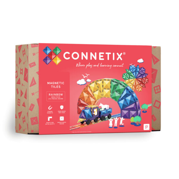 Farbenfrohe magnetische Fliesen für Kinder ab 3 Jahren, inklusive 212 Stück, zum Bauen bunter Regenbogenmotive, für fantasievolles Spielen und kreative Lernideen.