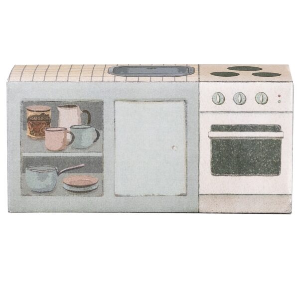 Ein kindgerechtes Miniatur-Küchenspielzeug mit Herd, Ofen, Geschirr und Küchenutensilien, ideal für fantasievolles Spielen und kreatives Lernen in der Spielküche.