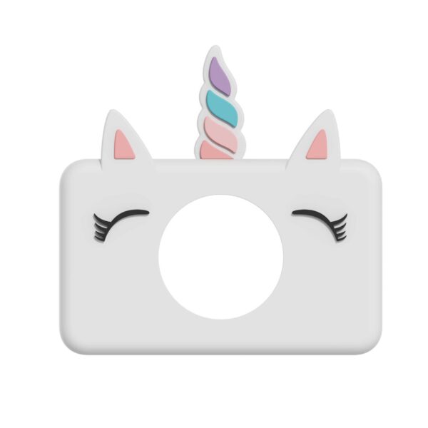 Ein lustiges Kamera-Design in Einhorn-Optik mit einem rosa, blauen und lila Hörnchen, geschmückt mit geschlossenen Augen und Wimpern, perfekt für Kinderfotos oder kreative DIY-Projekte.