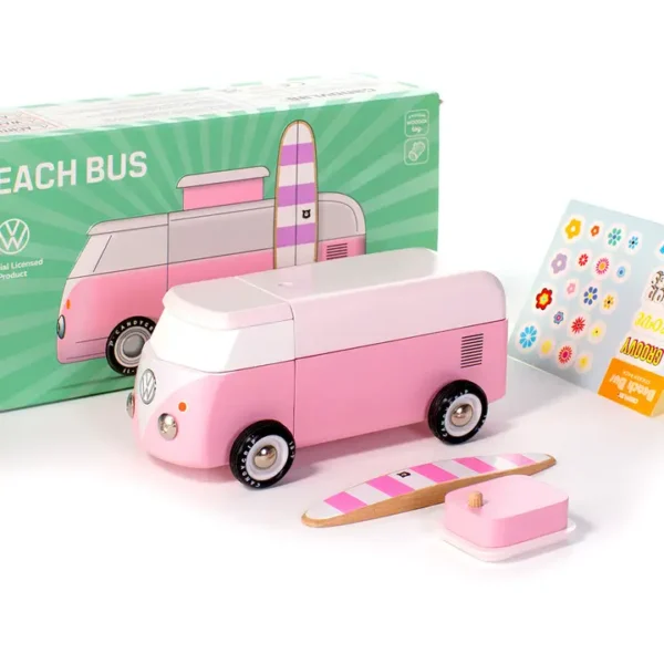 Candylab VW Beach Bus Pink – Holz-Campingbus mit Surfbrett für Kinder & Sammler